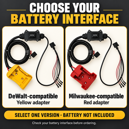 DeWalt-compatible yellow and Milwaukee-compatible red battery interfaces