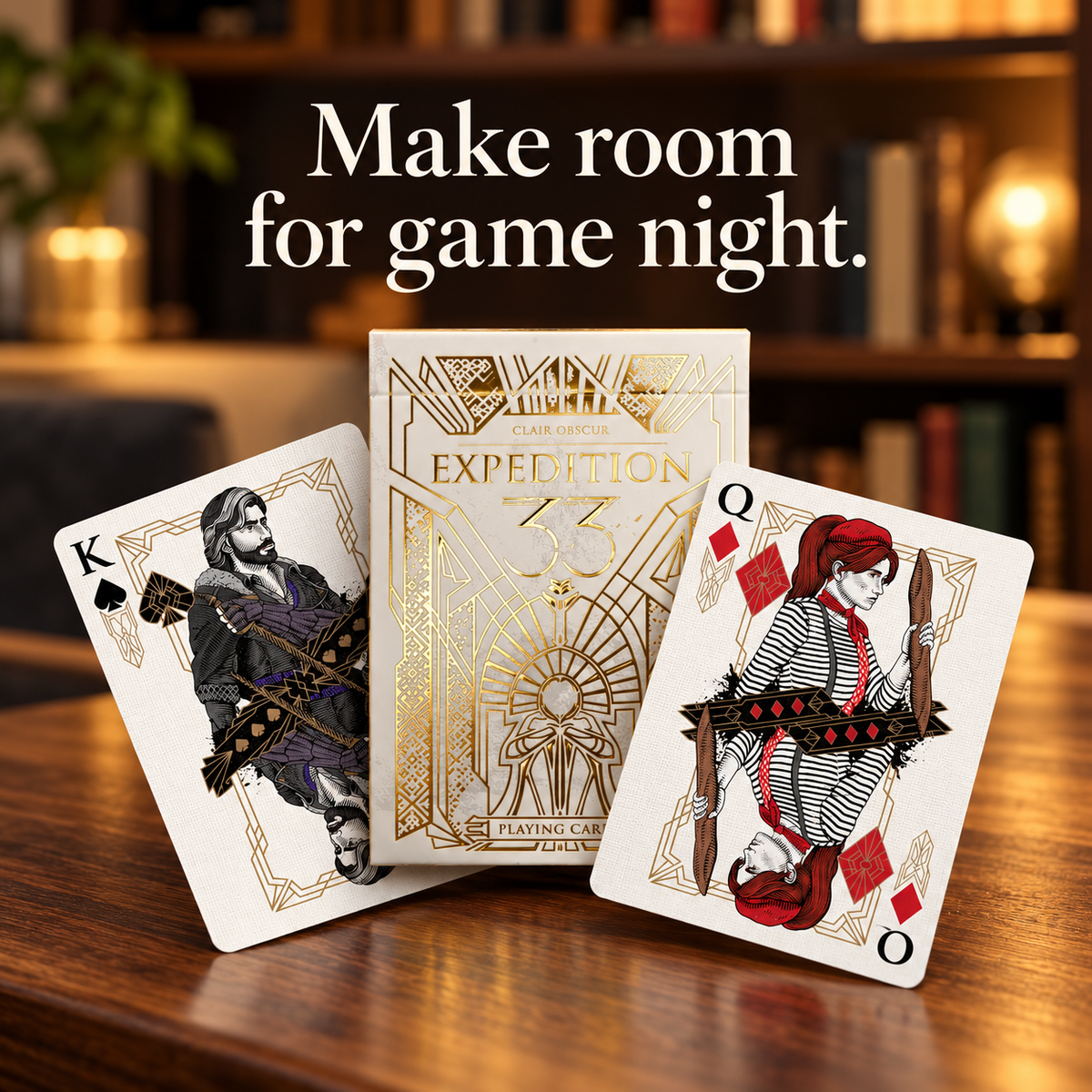 Ivory gold playing cards on a wooden table in a home setting