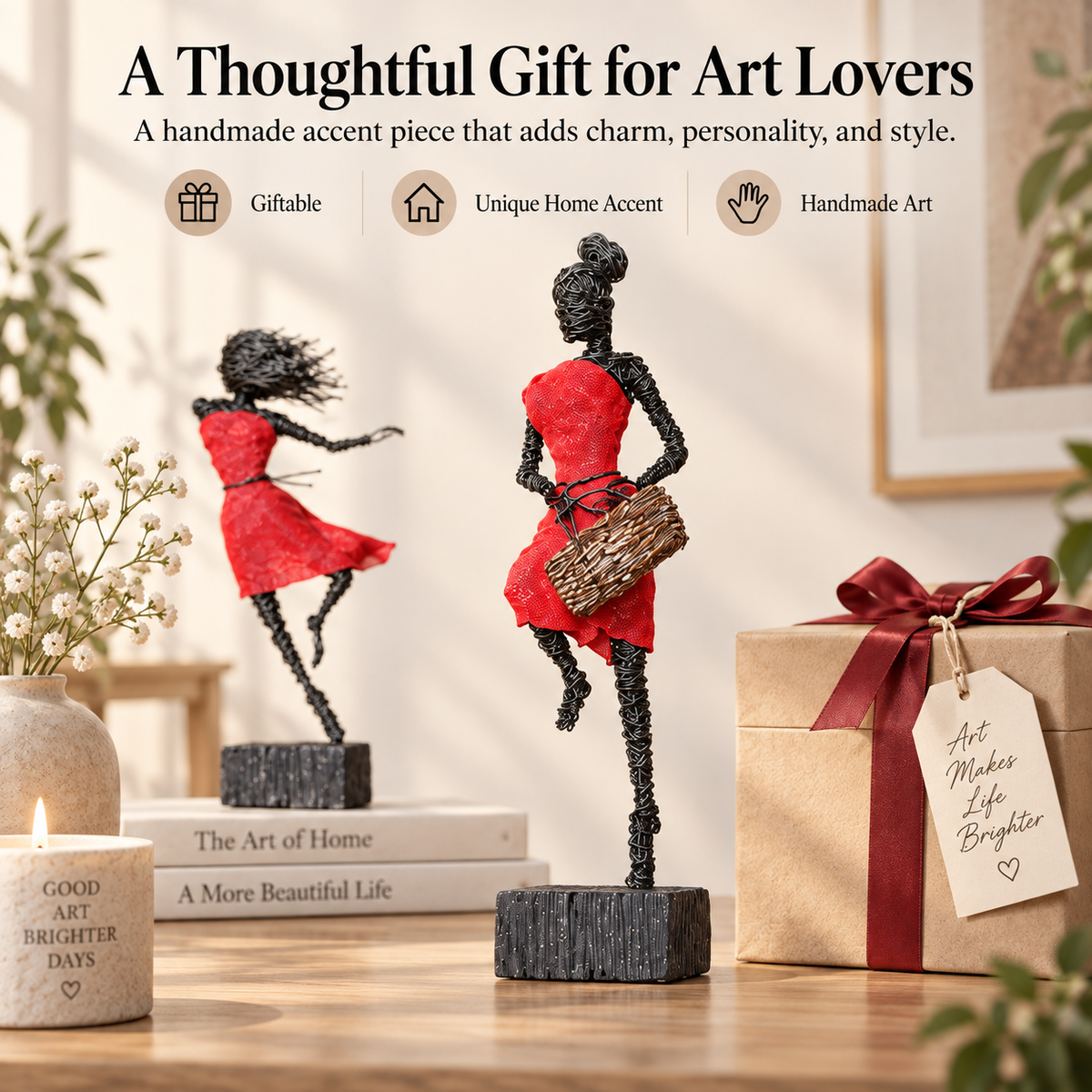 Handmade Wire Art Sculptures – Expressive Red-Accent Figurines for Home & Office