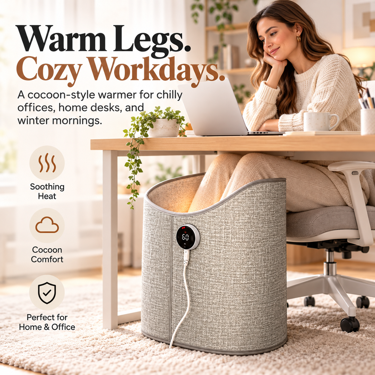 Cozy heated foot and leg warmer under a desk, with a soft interior, textured gray exterior and digital temperature controller