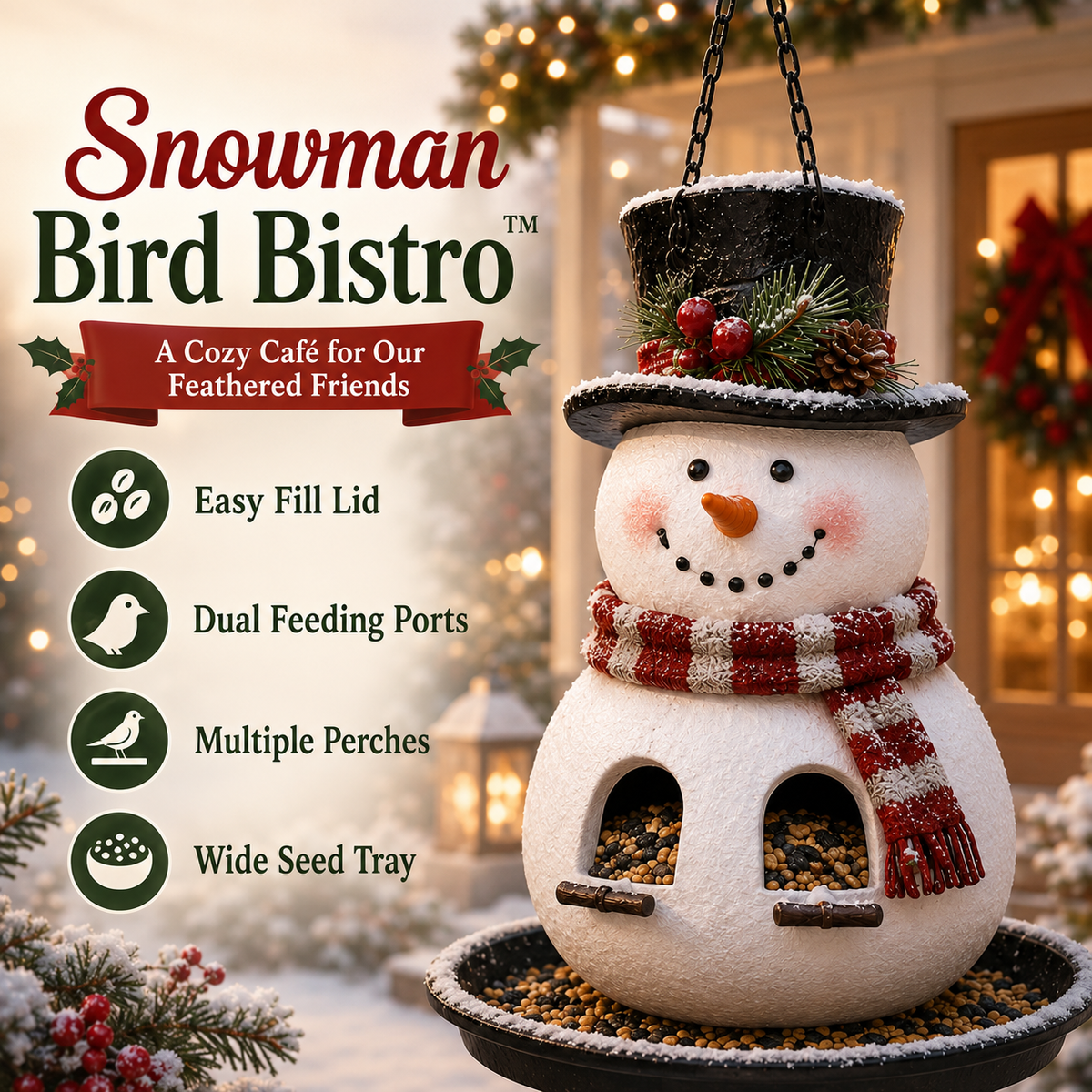 Snowman bird feeder with Christmas details