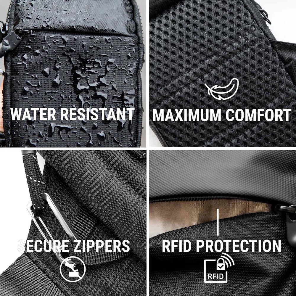 Water resistance comfort secure zipper and RFID features of sling bag