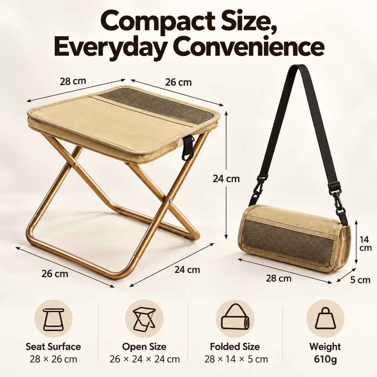 Product measurements including 28 by 26 centimeter seat surface and 28 by 14 by 5 centimeter folded dimensions