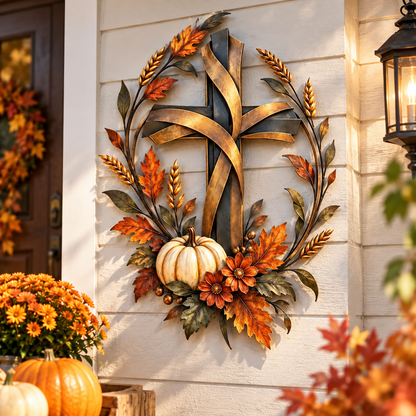 ✝️🍂 Autumn Cross & Pumpkin Metal Wall Art 🎃🌾 | Faith-Inspired Fall & Farmhouse Decor ✨🏡