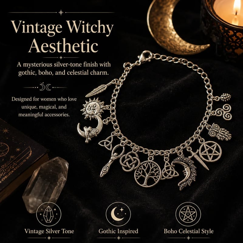 Vintage Witchy Charm Bracelet | Celestial Gothic Boho Jewelry for Women