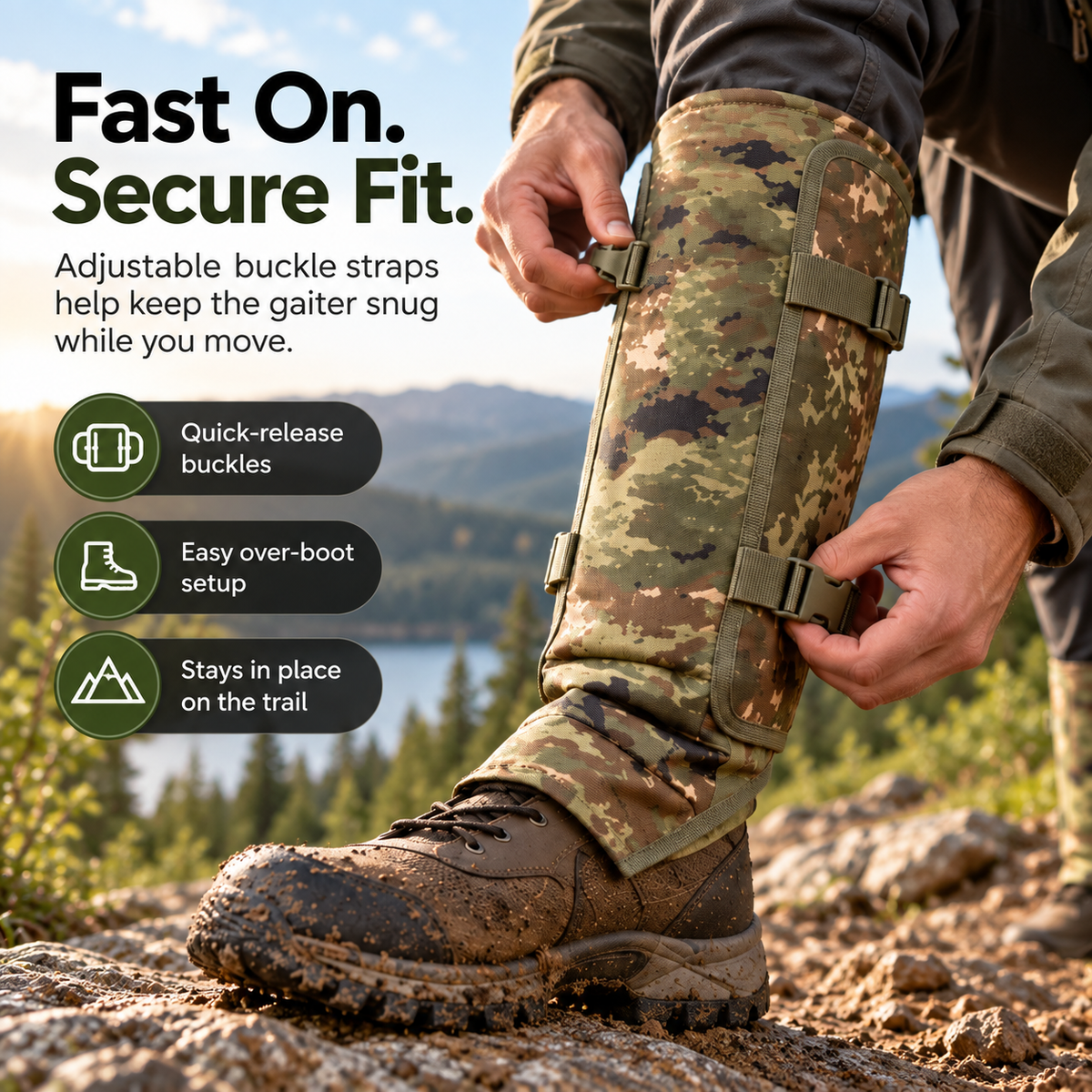 Adjustable quick-release buckle straps on outdoor protective gaiters