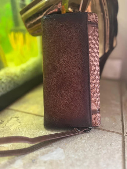 Genuine Leather Hand-Tooled Vintage Floral Wallet – Western Style Clutch & Wristlet