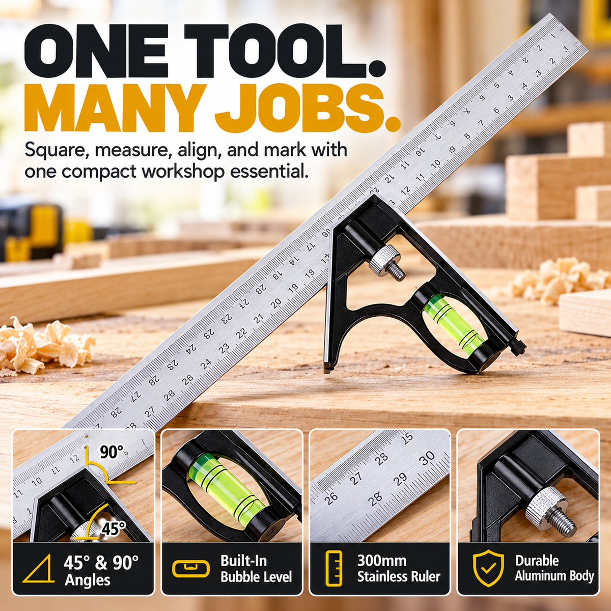 Four-in-one woodworking combination square with metal sliding ruler and built-in bubble level