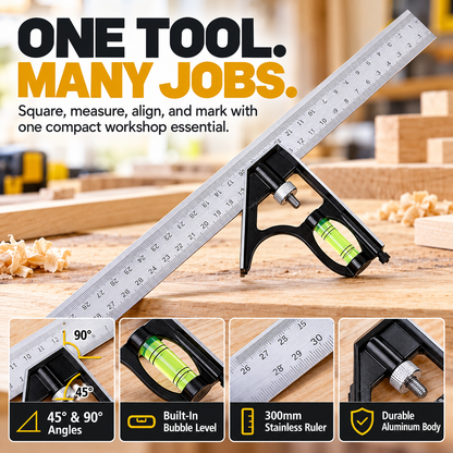 🔥 4-in-1 Multi-Function Woodworking Combination Square 📐🔧 Precision Measuring & Marking Tool 📏✨ with Built-In Bubble Level, 45°/90° Angle Ruler & Scribing Pin 🪚🛠️
