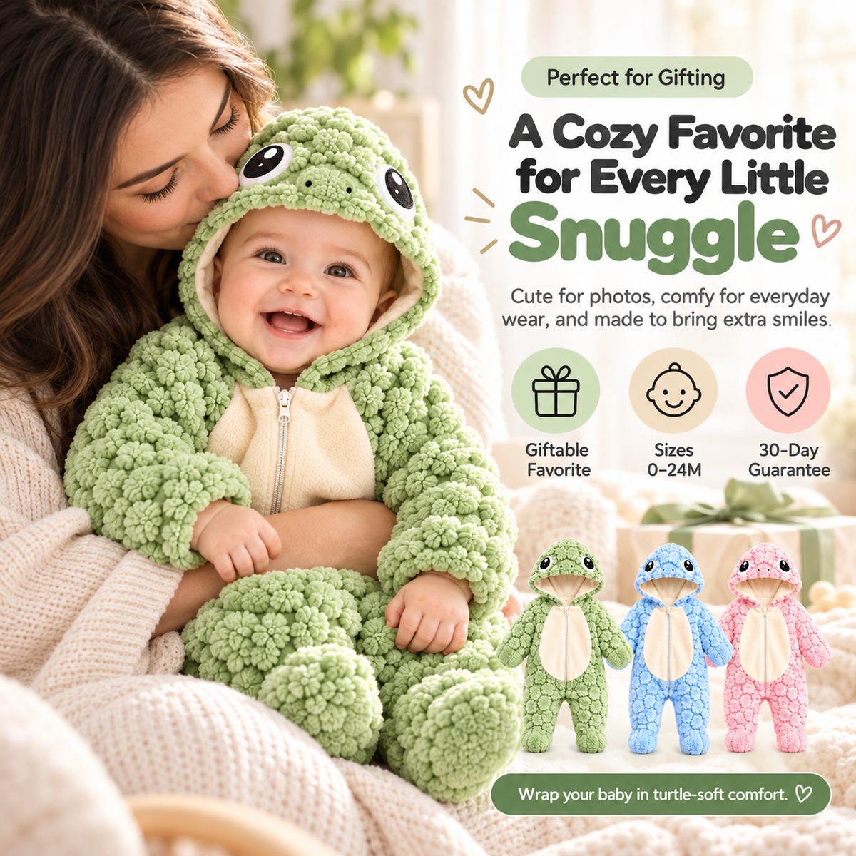 Cozy Baby Turtle Romper – Ultra-Soft Hooded Fleece Onesie with Padded Turtle Shell (0–24 Months)