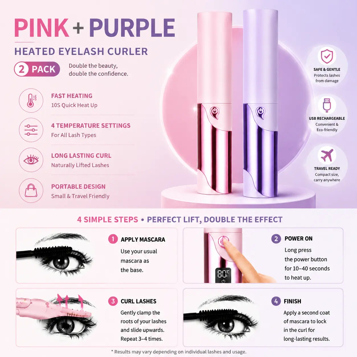 USB Heated Eyelash Curler | Fast Heat, Long-Lasting Natural Curl with LED Temperature Display & Anti-Scald Design