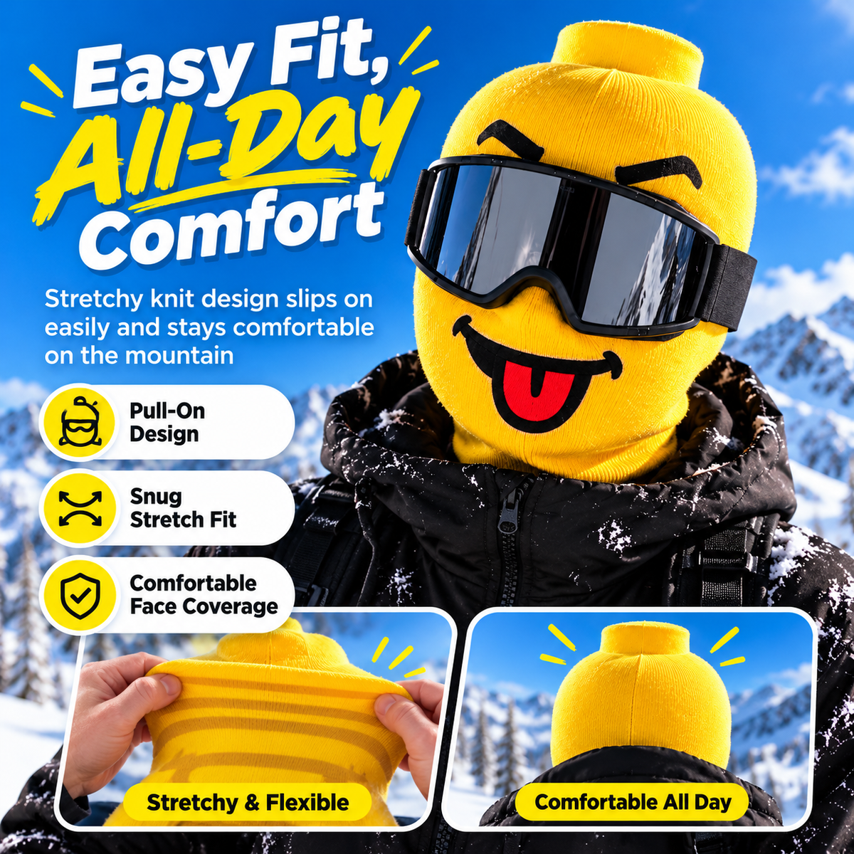 Stretchy yellow knit ski balaclava showing pull-on flexibility