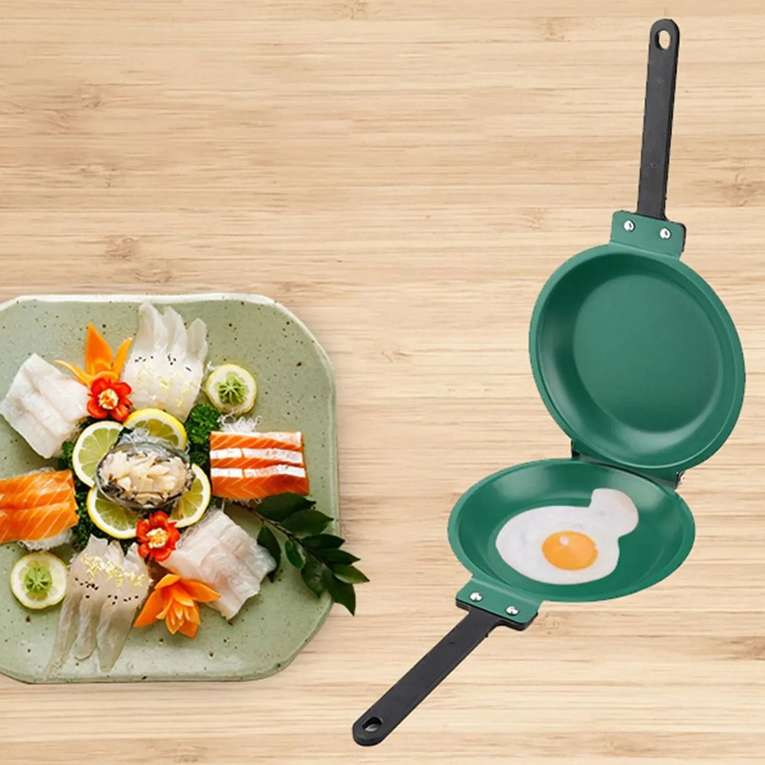 Egg cooking in green nonstick double-sided frying pan