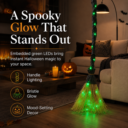 Light-Up Witch Broom Halloween Decor – Spooky Green LED Witch Broom