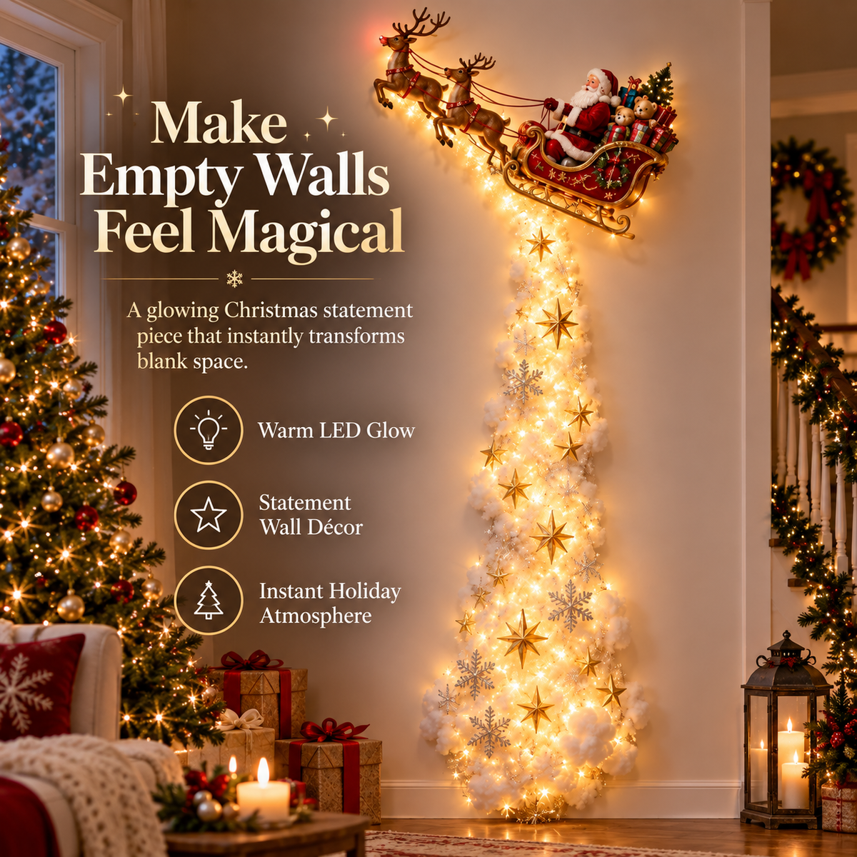 Santa Christmas magic trail wall light filling a tall blank wall