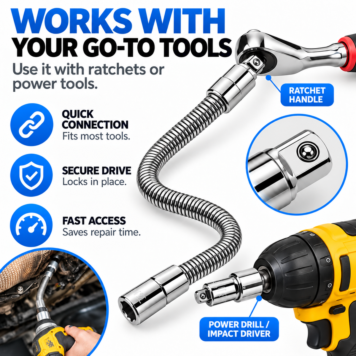 🔧 Flexible Socket Extension Bar Set – 3 Sizes, Bendable Spring Steel, Tight-Space Fastener Access for Automotive Repairs & DIY Projects ⚙️