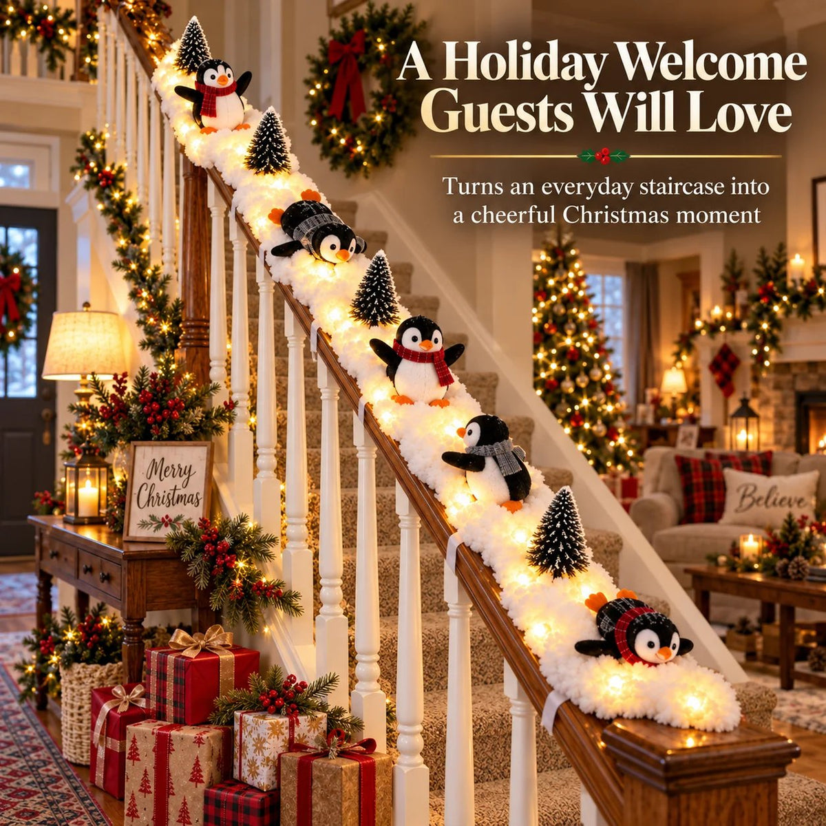 Five lighted penguin Christmas snow sections decorating a staircase railing
