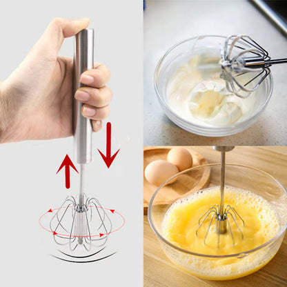 Stainless Steel Hand-Push Rotary Whisk Food-Grade Rust-Resistant Kitchen Utensil