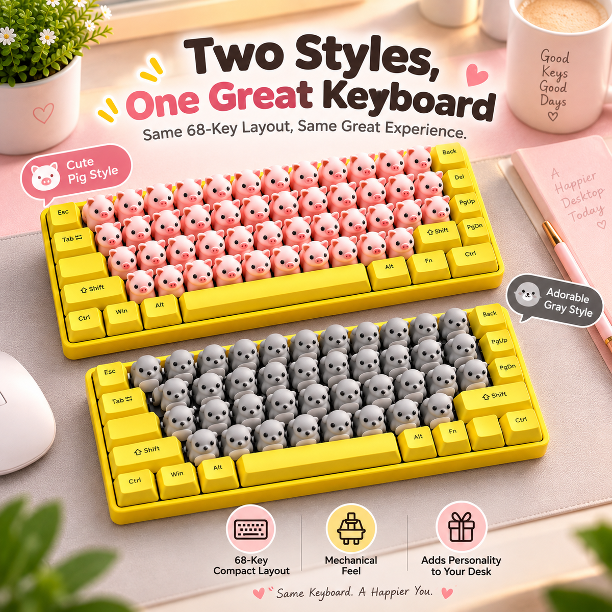 ⌨️68-Key 3D Animal Mechanical Keyboard – Pink Pig & Gray Critter