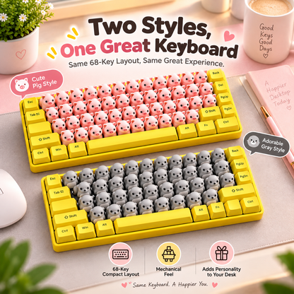 ⌨️68-Key 3D Animal Mechanical Keyboard – Pink Pig & Gray Critter