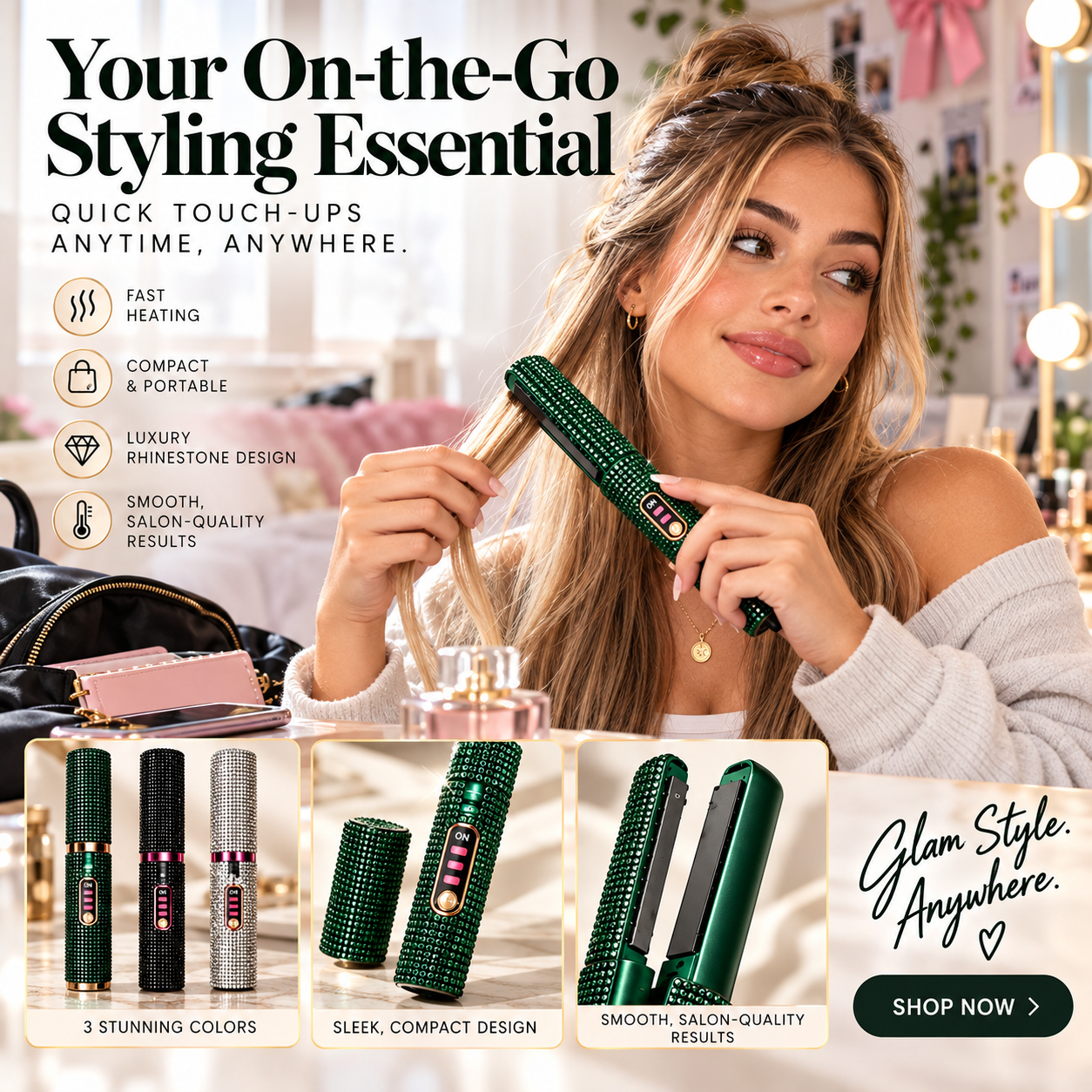 Emerald green sparkling mini hair flat iron with rhinestone covered protective cap and black and silver versions