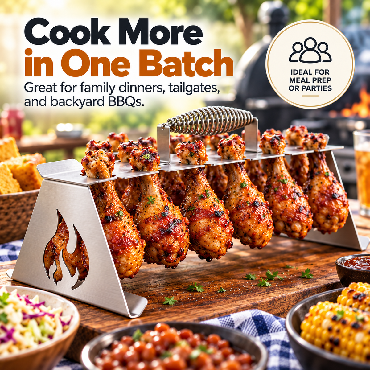 Multiple chicken drumsticks cooking together on hanging rack at backyard BBQ