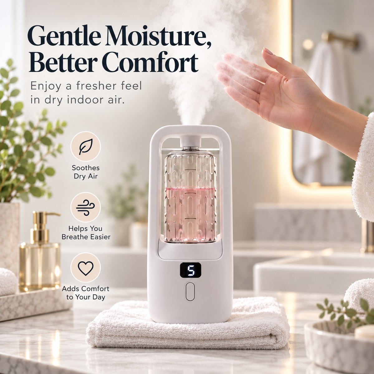 Visible gentle cool mist in everyday bathroom setting