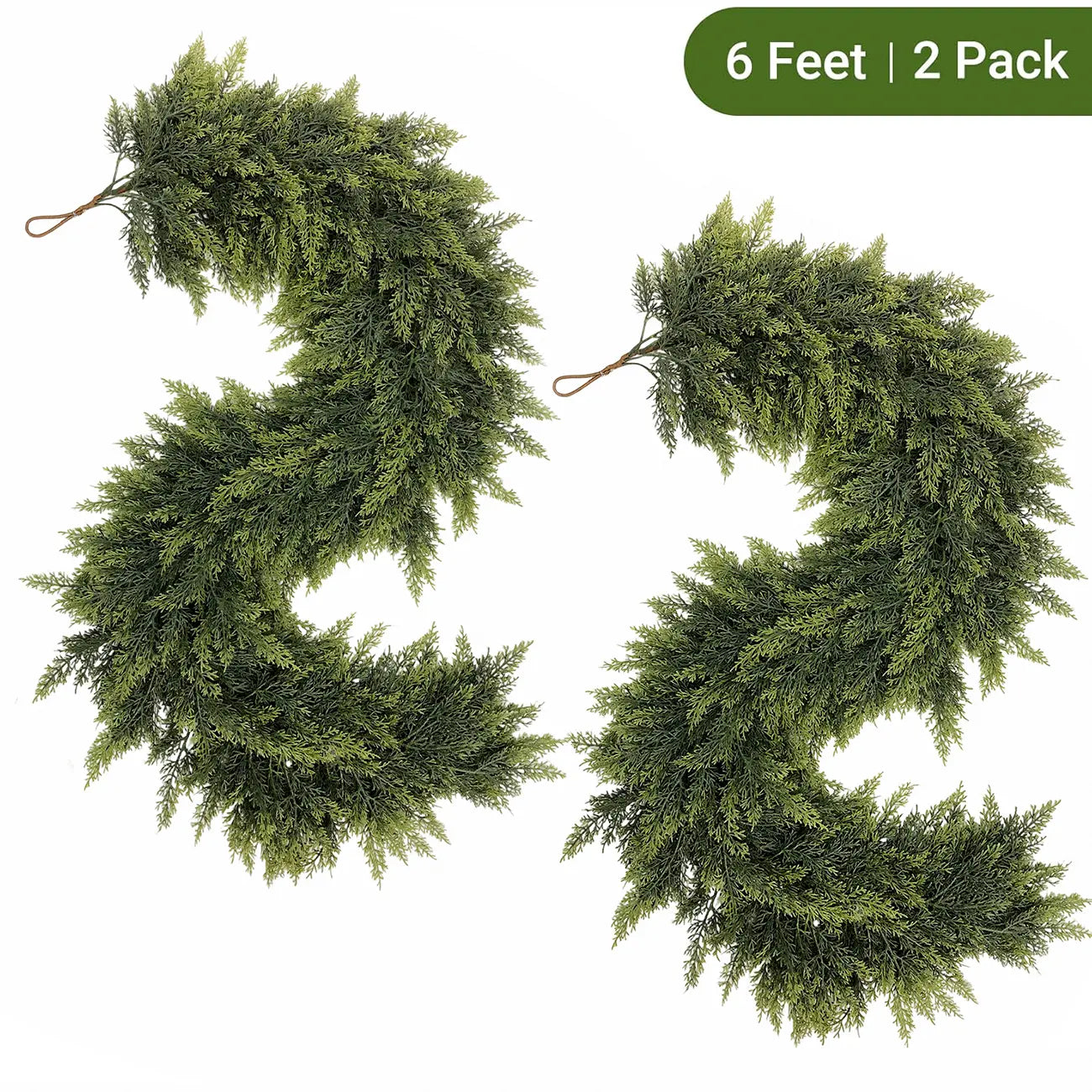 6 FT 2 Pcs Artificial Cedar Garlands, Real Touch Winter Cedar Garland, Green Artificial Greenery Pine Garland for Table, Mantle, Wall, Indoor, Outdoor Christmas Decorations