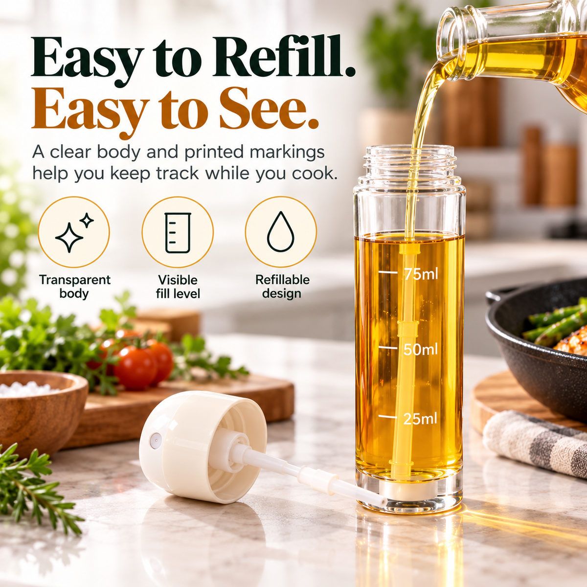 Cooking oil being poured into the clear refillable oil sprayer