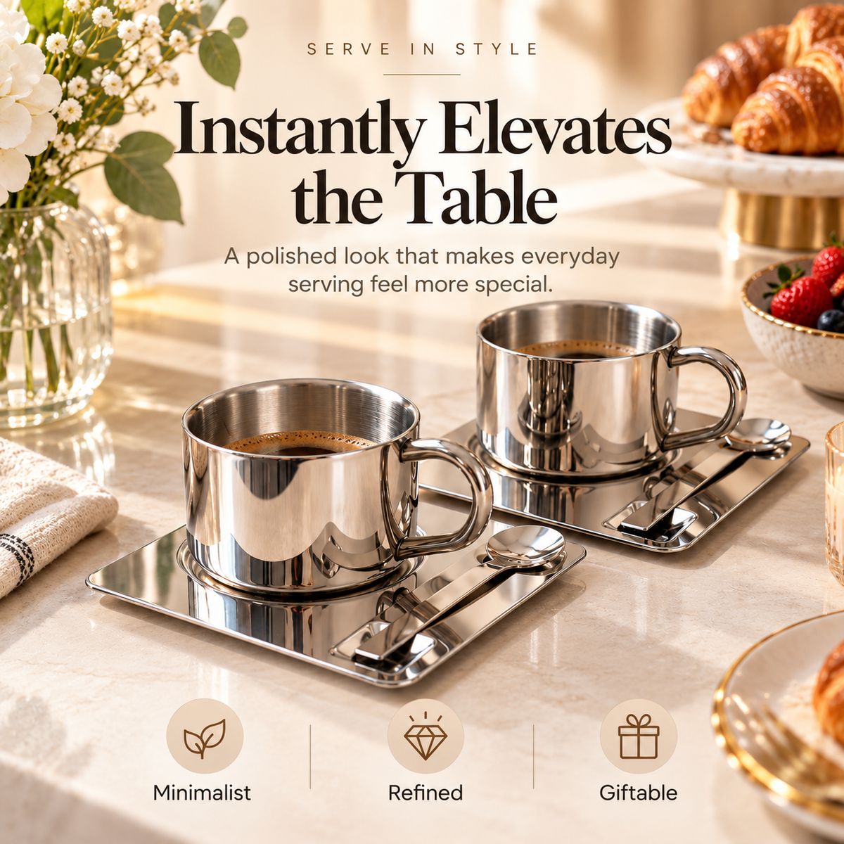 🤎 ☕Elegant Stainless Steel Coffee Cup Set with Matching Tray & Spoon – Modern Minimalist Coffee & Tea Drinkware