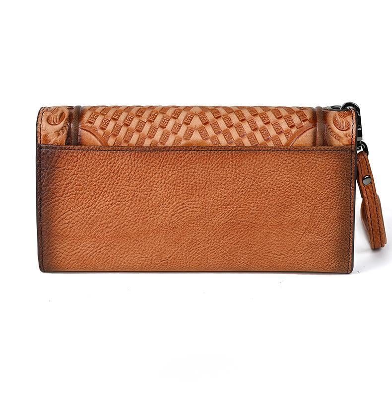 Genuine Leather Hand-Tooled Vintage Floral Wallet – Western Style Clutch & Wristlet