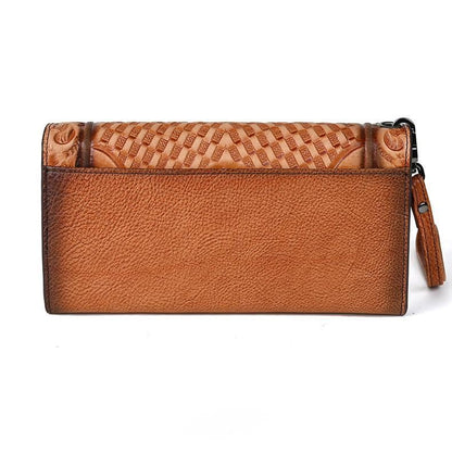Genuine Leather Hand-Tooled Vintage Floral Wallet – Western Style Clutch & Wristlet