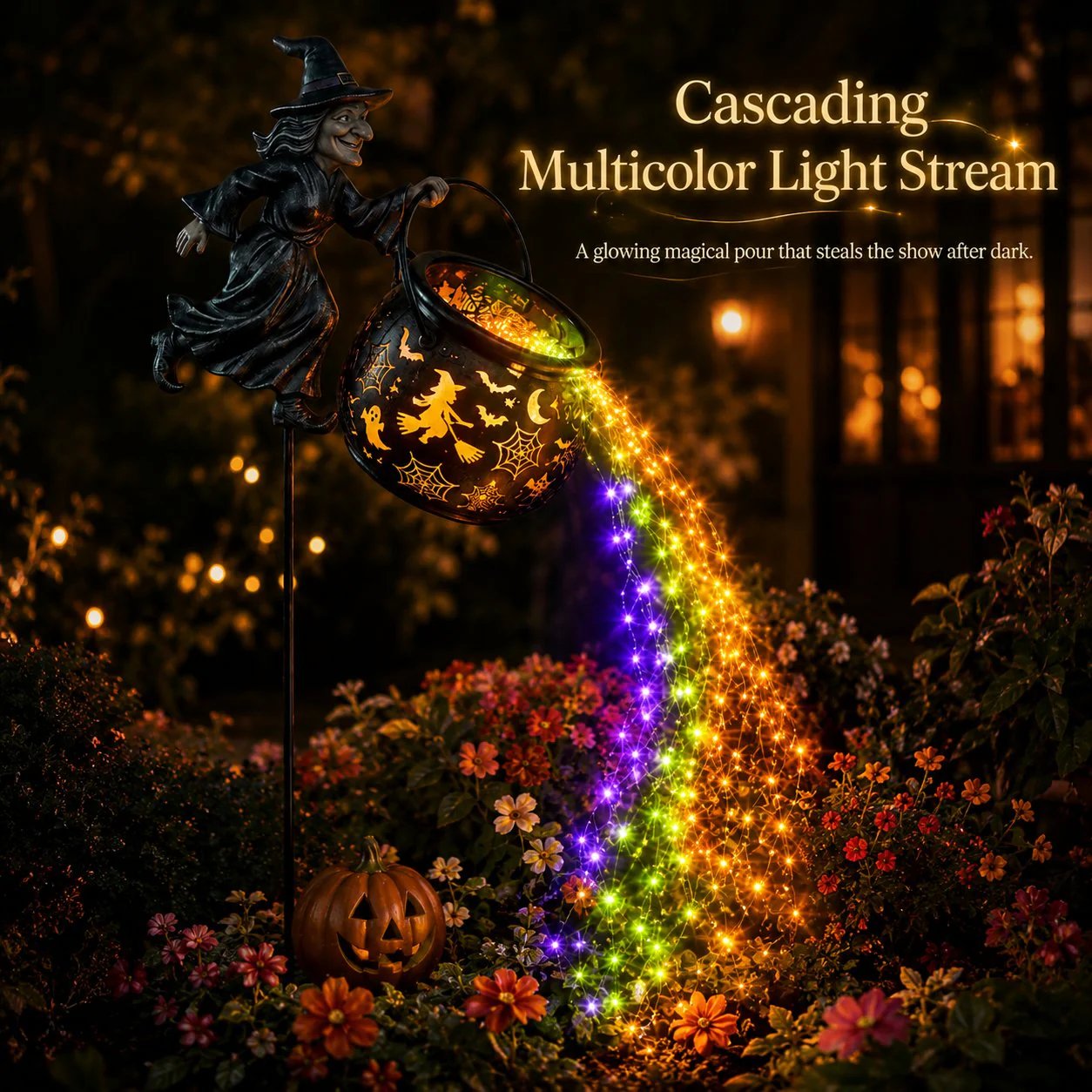 🔥 LAST DAY 50% OFF-🎃 Flying Witch & Glowing Cauldron Garden Light – Magical Halloween Yard Display ✨