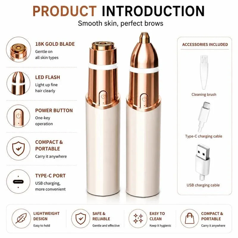 Two interchangeable facial and eyebrow trimming heads with LED and Type-C charging