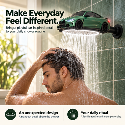 Automotive-inspired shower head showing its sculpted car design
