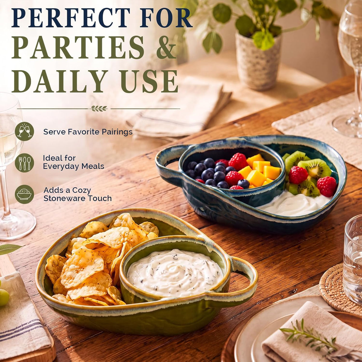 Divided ceramic bowls used for chips and dip and fruit with yogurt at dining table