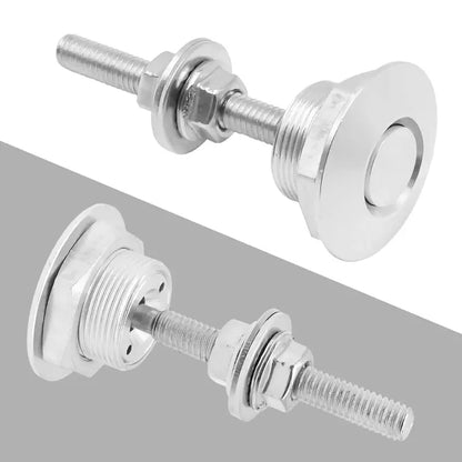 Close-up of quick-release latch showing the metal button housing, threaded stud, mounting washers and nuts