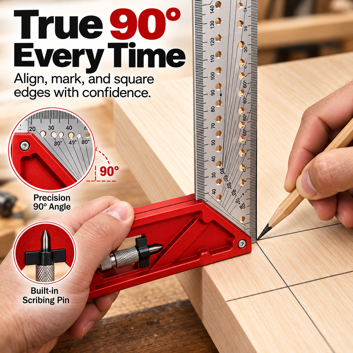 Woodworking square used to mark a 90 degree line