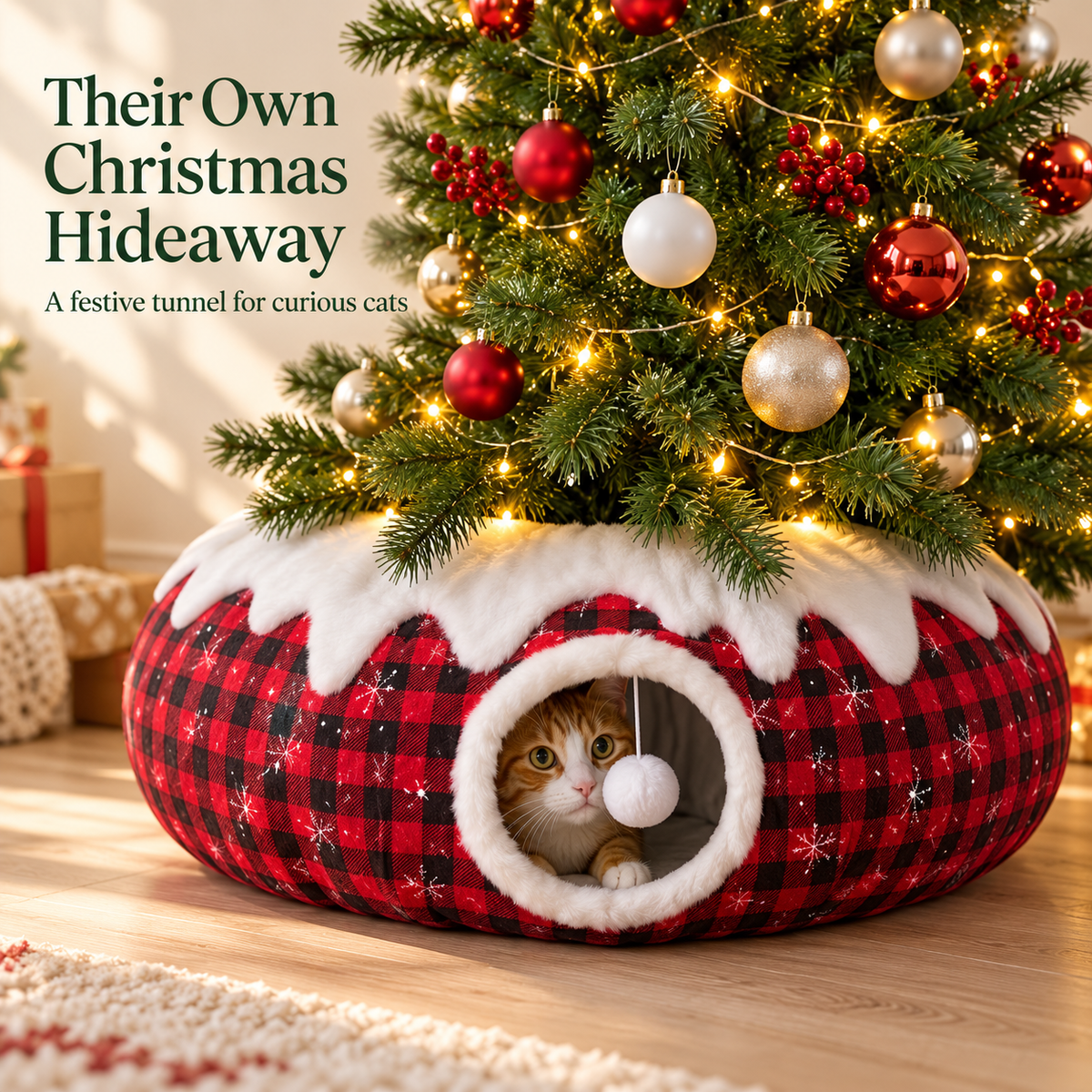 🎄🐱 Christmas Cat Tunnel & Tree Skirt – Cozy Plaid Hideaway with Hanging Pom-Pom | 2-in-1 Holiday Cat Play Tunnel ✨