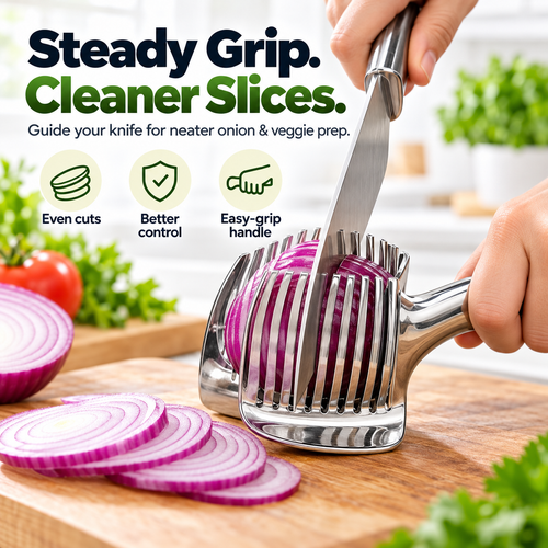 Stainless Steel Onion & Vegetable Slicing Guide – Easy-Grip Food Holder for Even Cuts