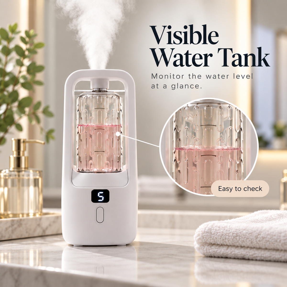 Visible transparent water reservoir on aroma mist diffuser