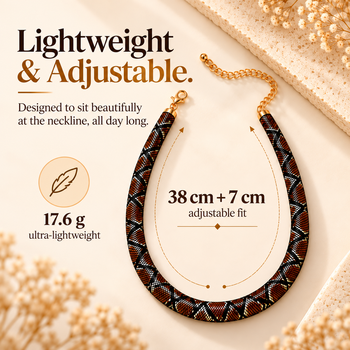 🐍 Snake-Print Statement Collar Necklace | Bold Textured Choker, Gold-Tone Adjustable Chain & Day-to-Night Style 💛