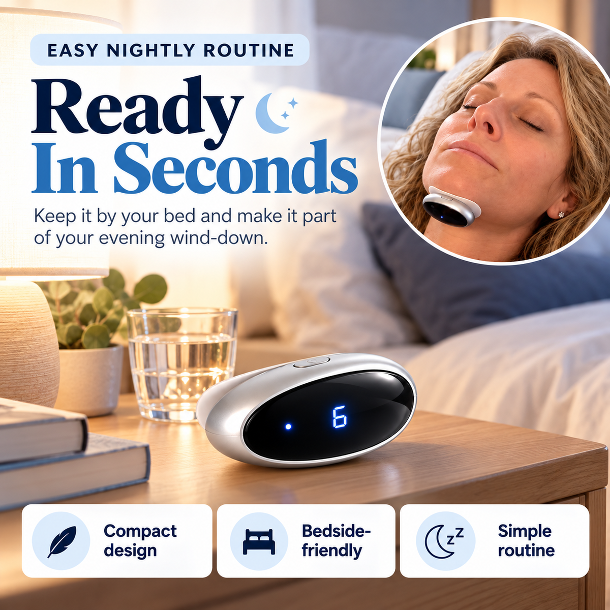 Compact sleep support device stored on bedside nightstand