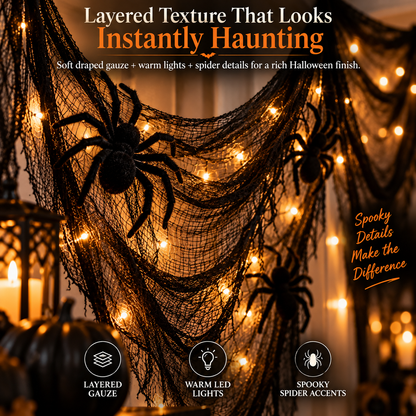 🕷️ Haunted Hallway Halloween Decor Set – Black Gauze, Warm LED Lights & Spooky Spider Decorations