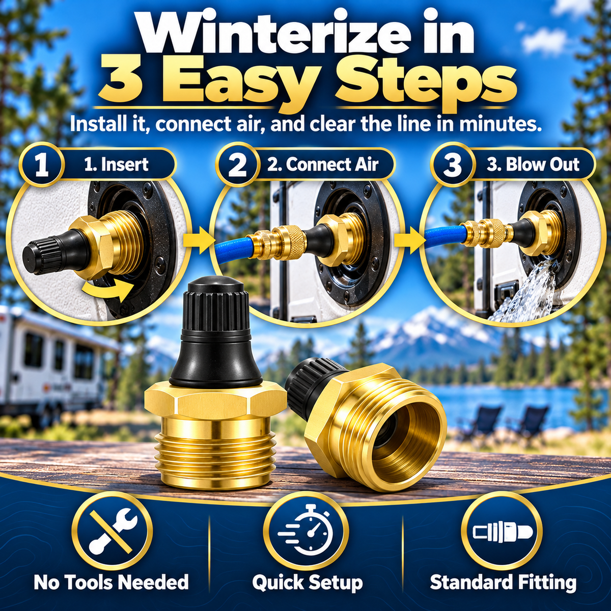 🚐🔧 Brass RV Water Line Blow-Out Plugs with Valve