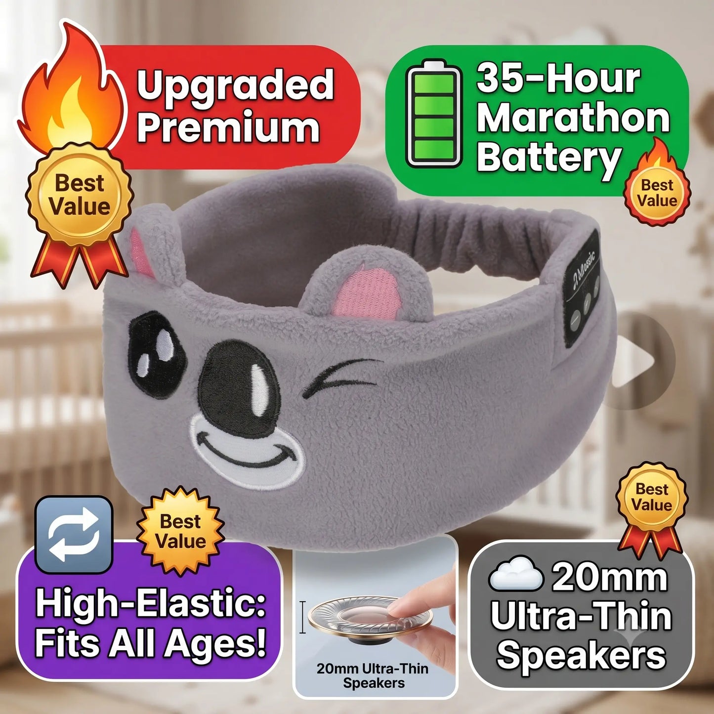 Sports Bluetooth Headband, 8H-35H Playtime Running Sweatband Wireless Music Eye Mask for Kids Toddlers Boys Girls, Ultra-Thin Speakers Washable Travel Sleep Gear