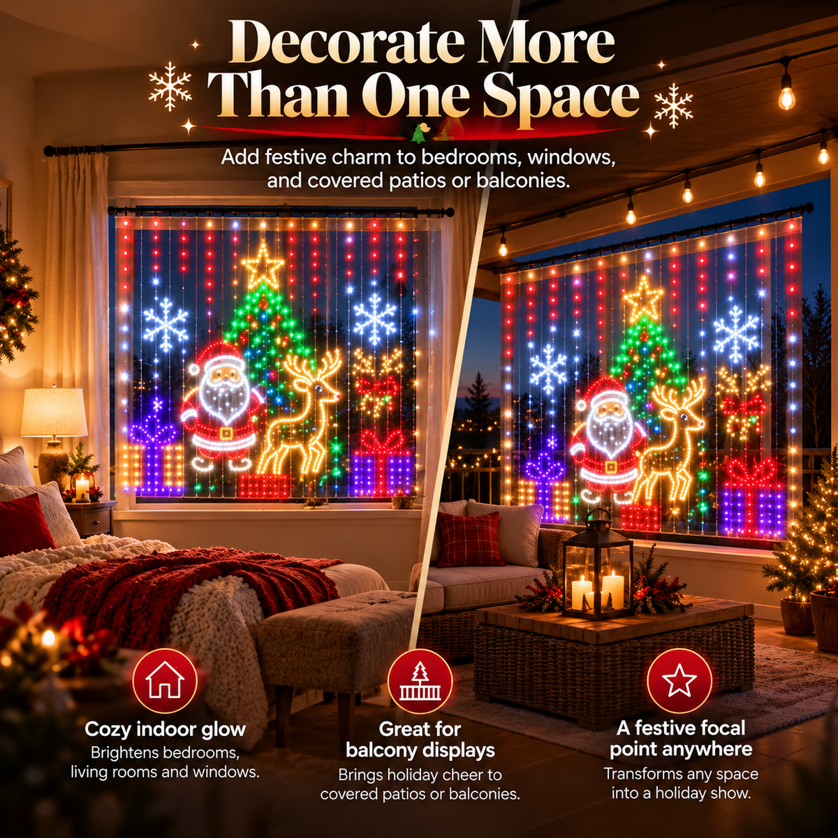 Christmas curtain light display used in bedroom window and covered balcony setting