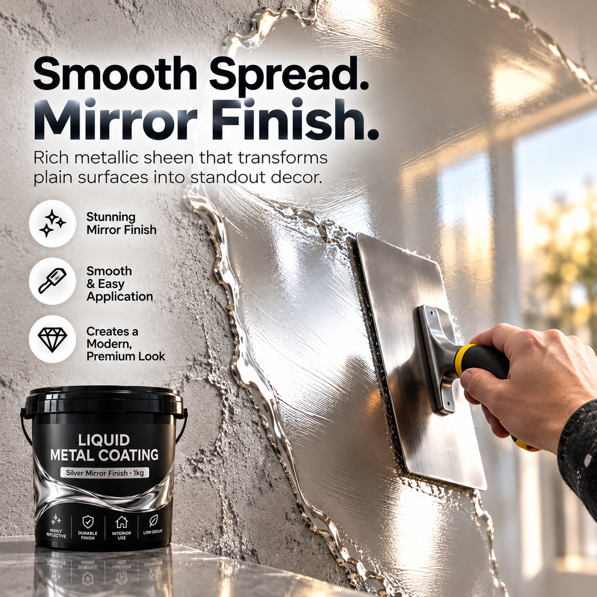 ✨ Liquid Metal Mirror Finish Wall Coating | Silver & Gold Metallic Wall Paint, Luxury Reflective Accent Finish, 1kg Trowel-Apply Interior Decor 🏡