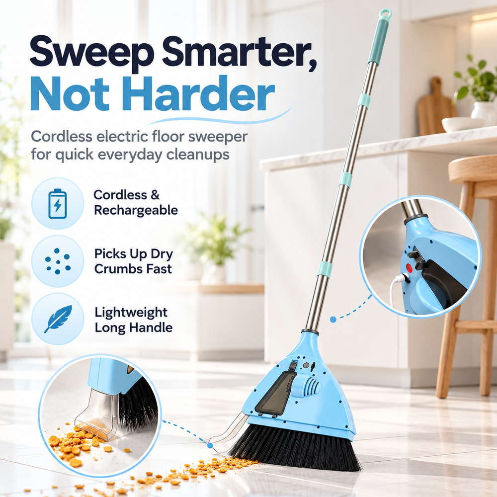 Cordless electric floor sweeper with long handle and light blue triangular head collecting cereal and dry crumbs