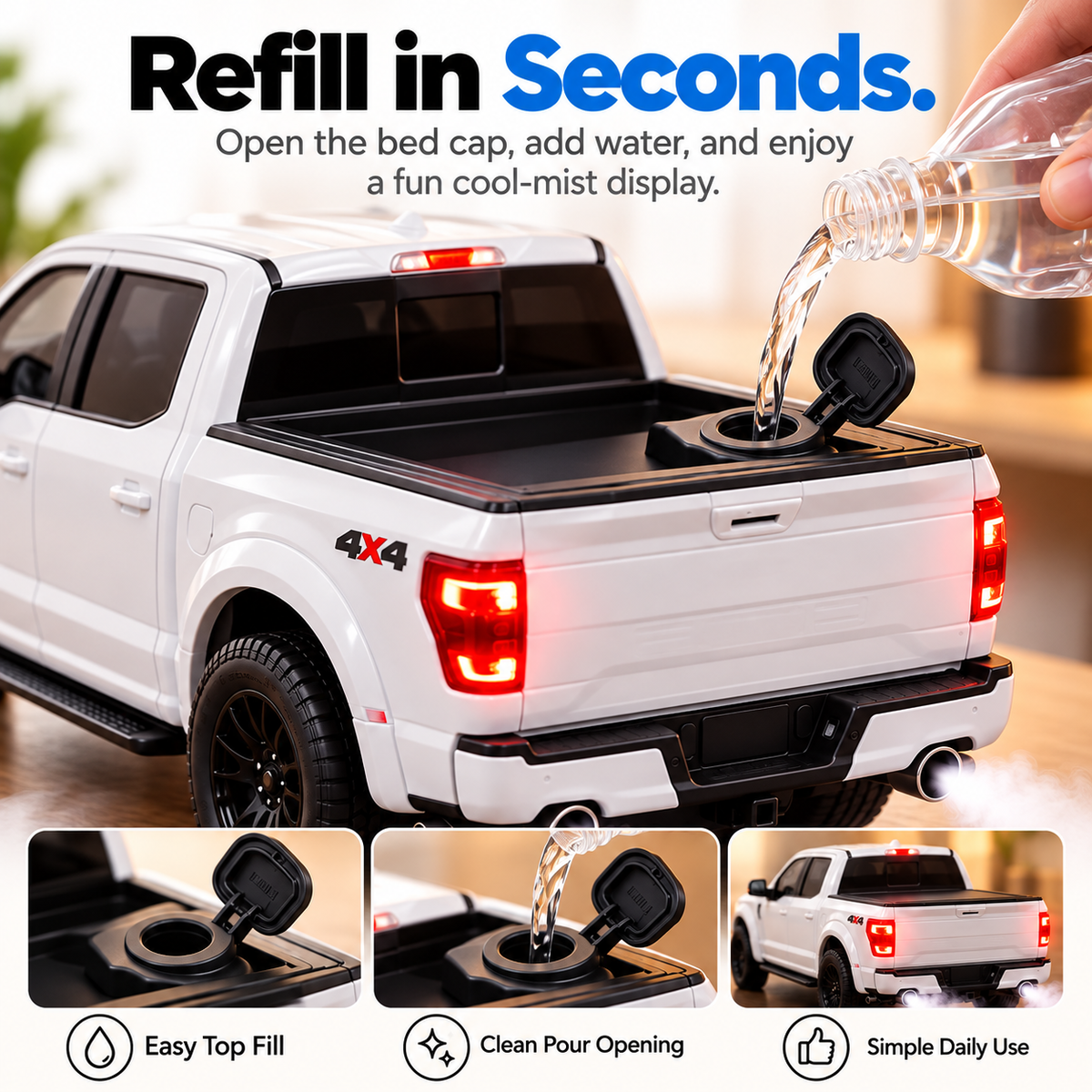 Water poured into the opened refill port on the pickup bed of the truck-shaped humidifier